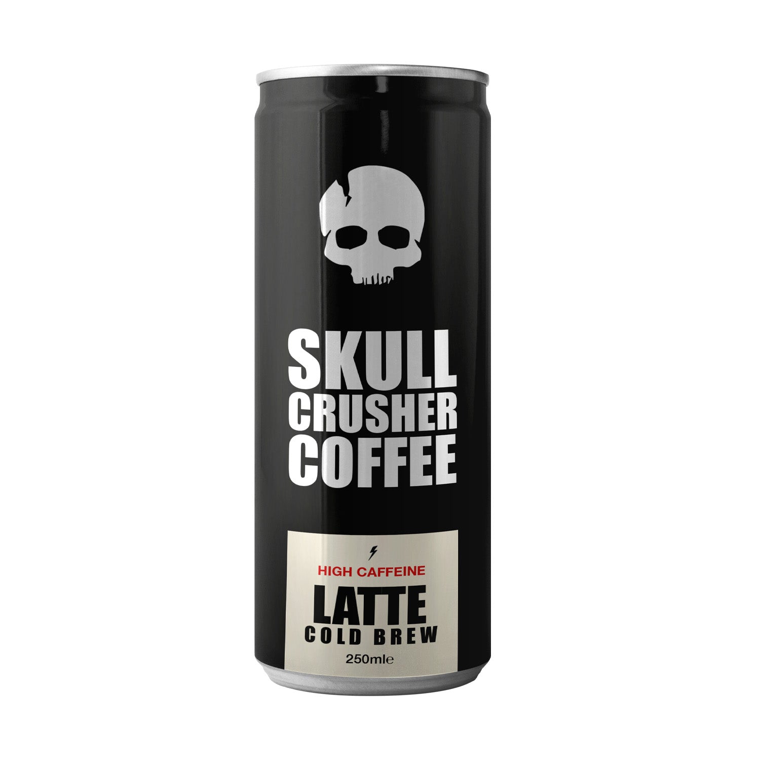 Skull Crusher Coffee Latte Cold Brew can, 250ml, high caffeine, chilled coffee beverage in a sleek can with branding and label design
