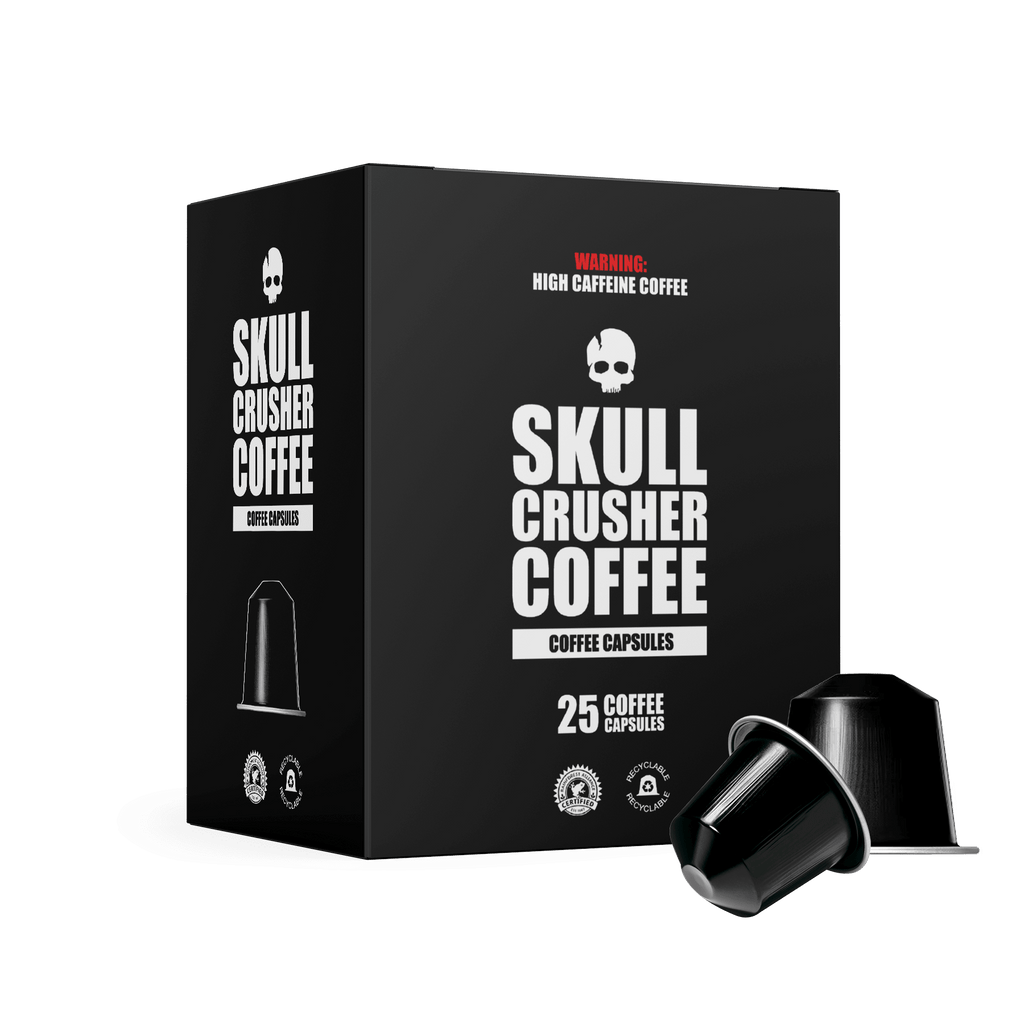 Skull Crusher Coffee Nespresso® capsules in a variety of flavors, featuring colorful packaging and capsule designs.
