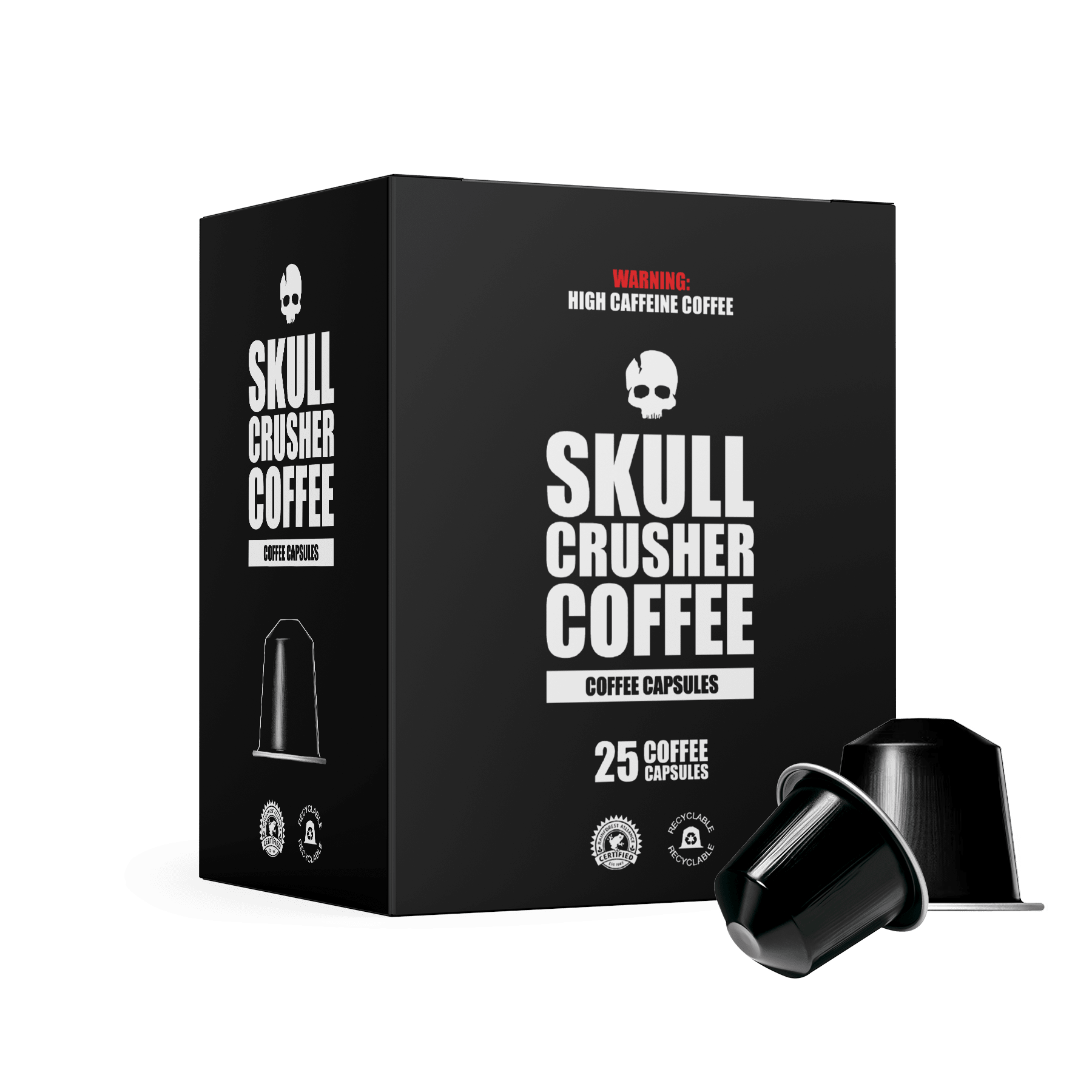 Skull Crusher Coffee Nespresso® capsules in a variety of flavors, featuring colorful packaging and capsule designs.