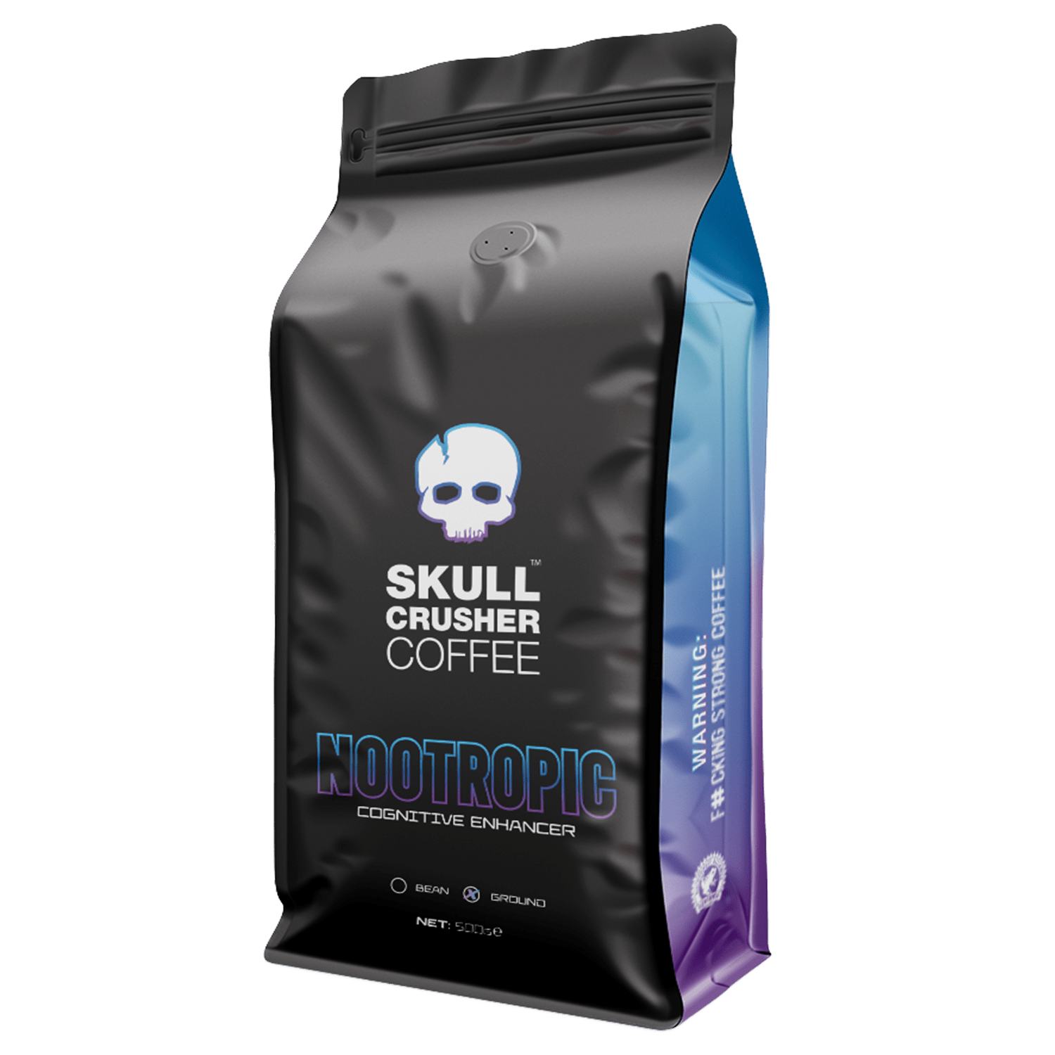 Skull Crusher Nootropic Coffee bag featuring bold skull graphic, promotes cognitive boost with premium nootropic coffee blend.