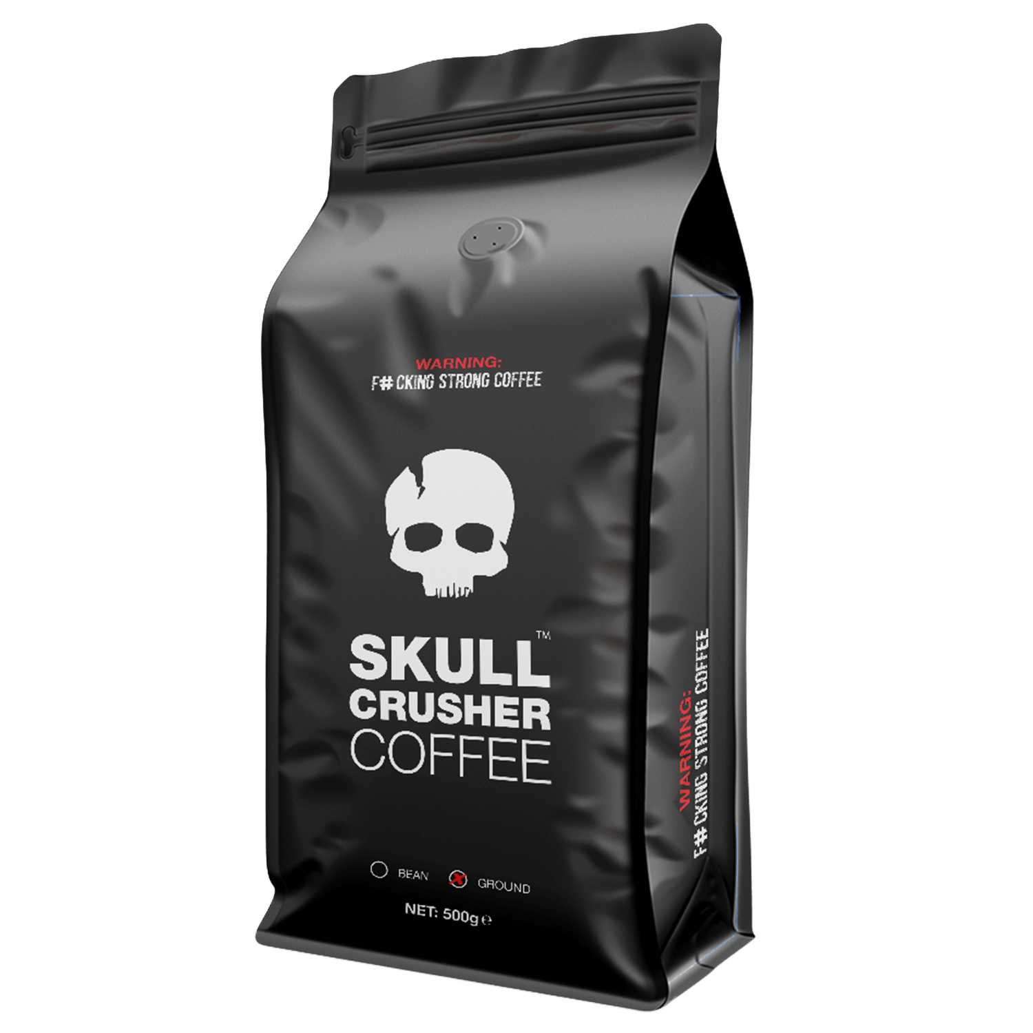 Ground beans of Skull Crusher Coffee's high caffeine Skull Crusher coffee in a clear bag, ready for brewing.