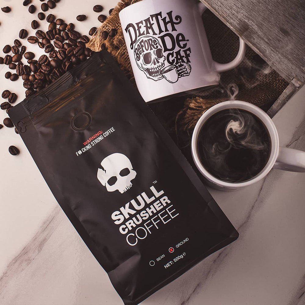 Ground Skull Crusher Coffee beans, high caffeine blend, strong flavor, fresh roasted for bold coffee enthusiasts.