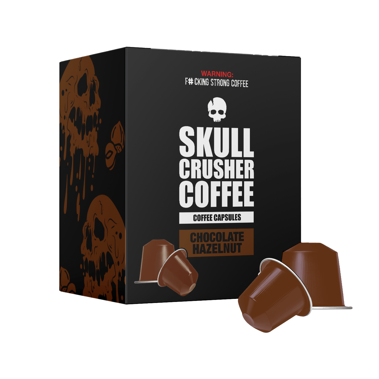 Skull Crusher Coffee Chocolate Hazelnut Nespresso capsules, featuring rich, flavored coffee capsules with chocolate and hazelnut notes.