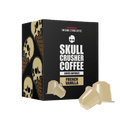 Skull Crusher Coffee French Vanilla flavored Nespresso capsules arranged in a row, showcasing the coffee packaging.