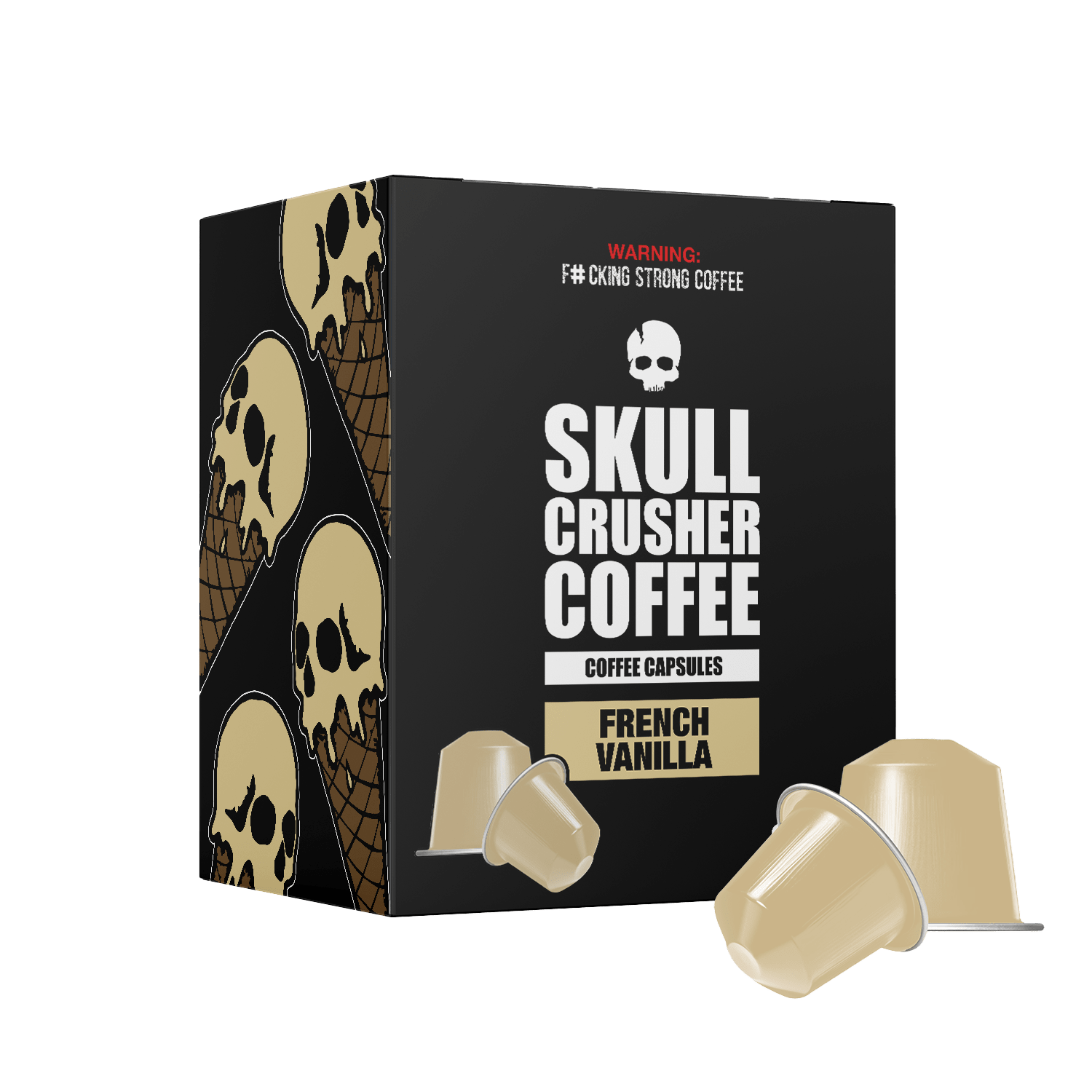Skull Crusher Coffee French Vanilla flavored Nespresso capsules arranged in a row, showcasing the coffee packaging.