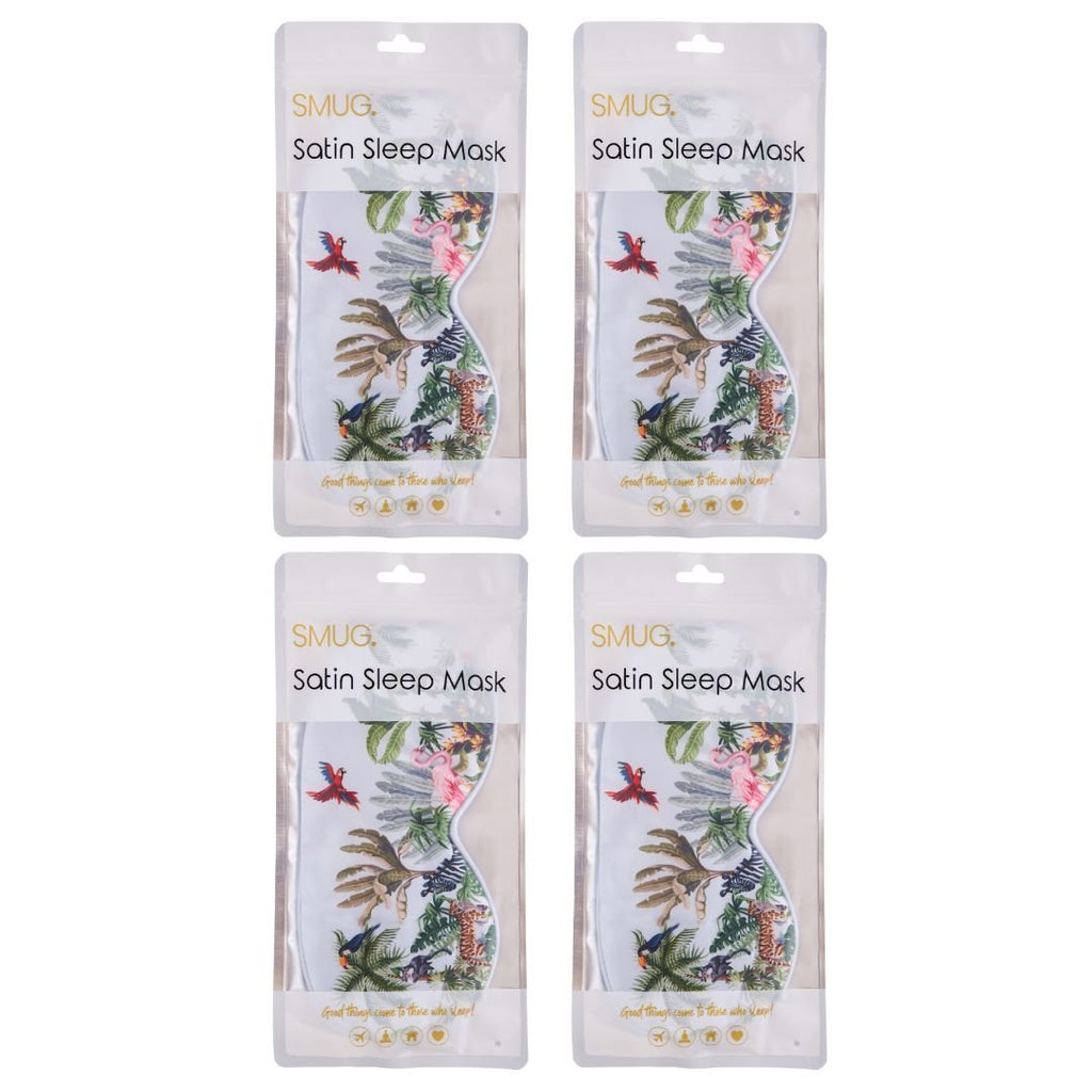 Set of SMUG satin sleep masks in various designs, shown in packaging, ideal for comfortable, stylish sleep accessories.