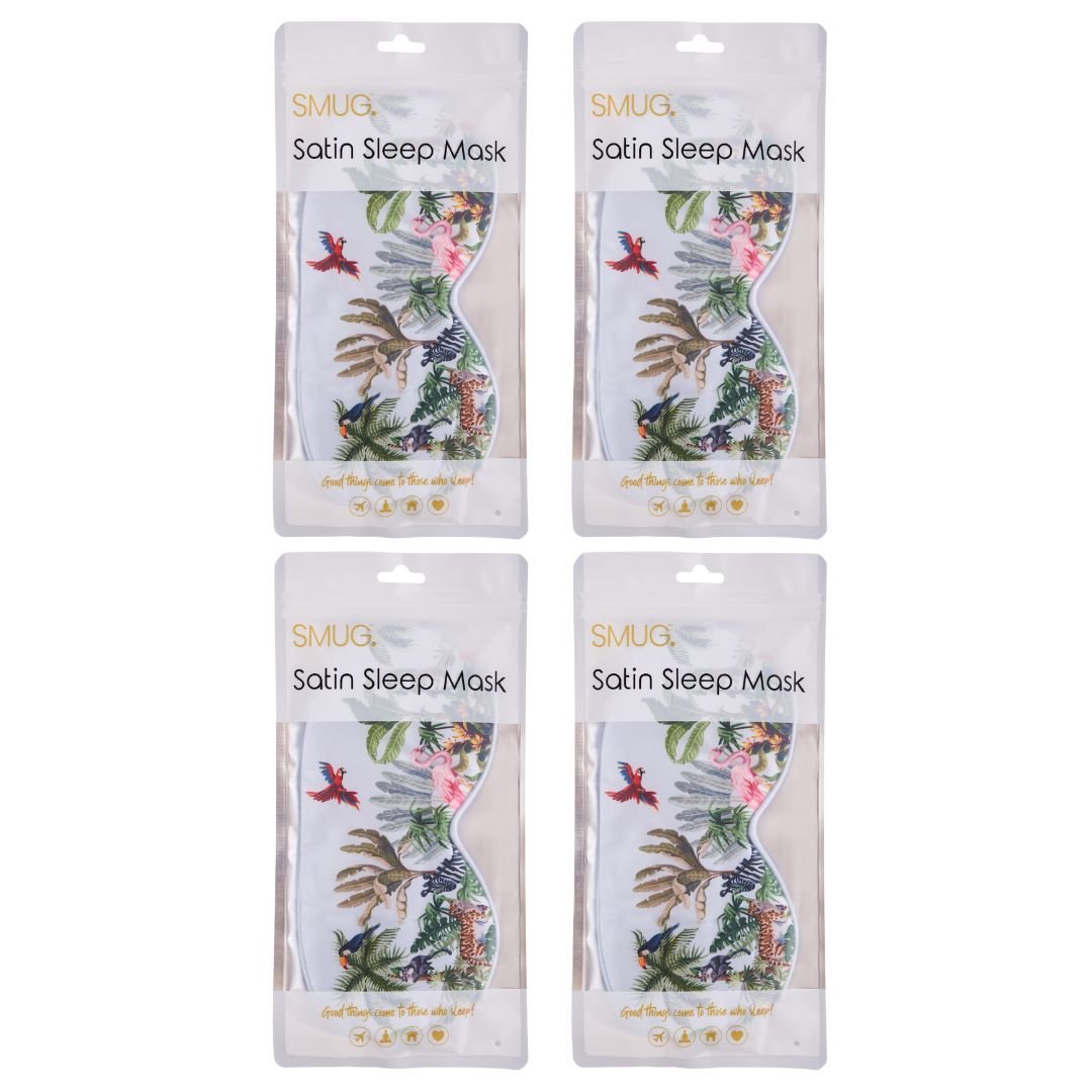 Set of SMUG satin sleep masks in various designs, shown in packaging, ideal for comfortable, stylish sleep accessories.