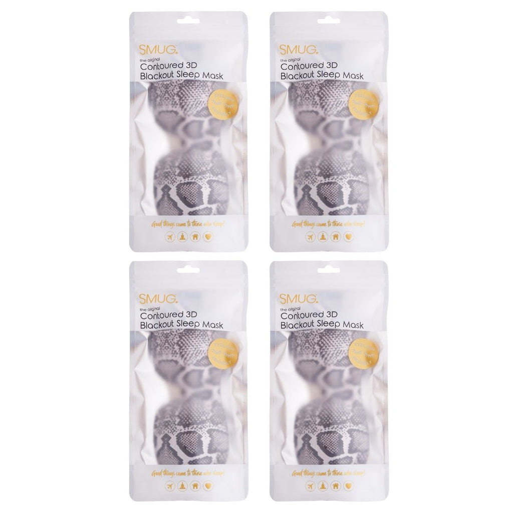 Set of SMUG contoured sleep masks in various designs, shown in packaging for comfortable, light-blocking sleep.