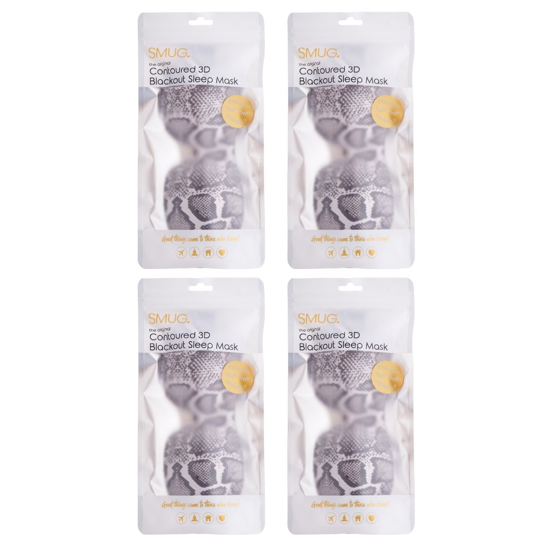 Set of SMUG contoured sleep masks in various designs, shown in packaging for comfortable, light-blocking sleep.