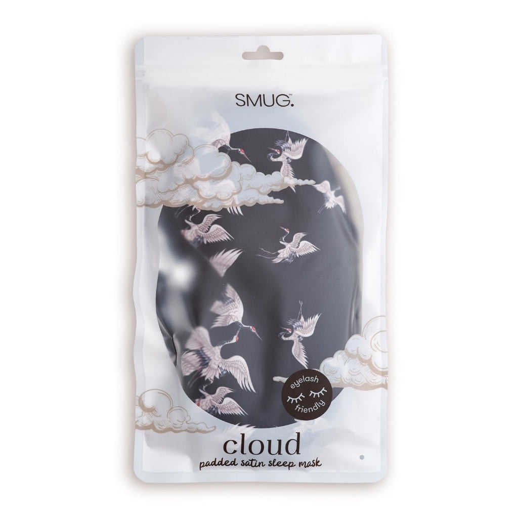 SMUG cloud padded satin sleep mask with moonlit cranes print, designed for comfortable sleep and gentle eye coverage.