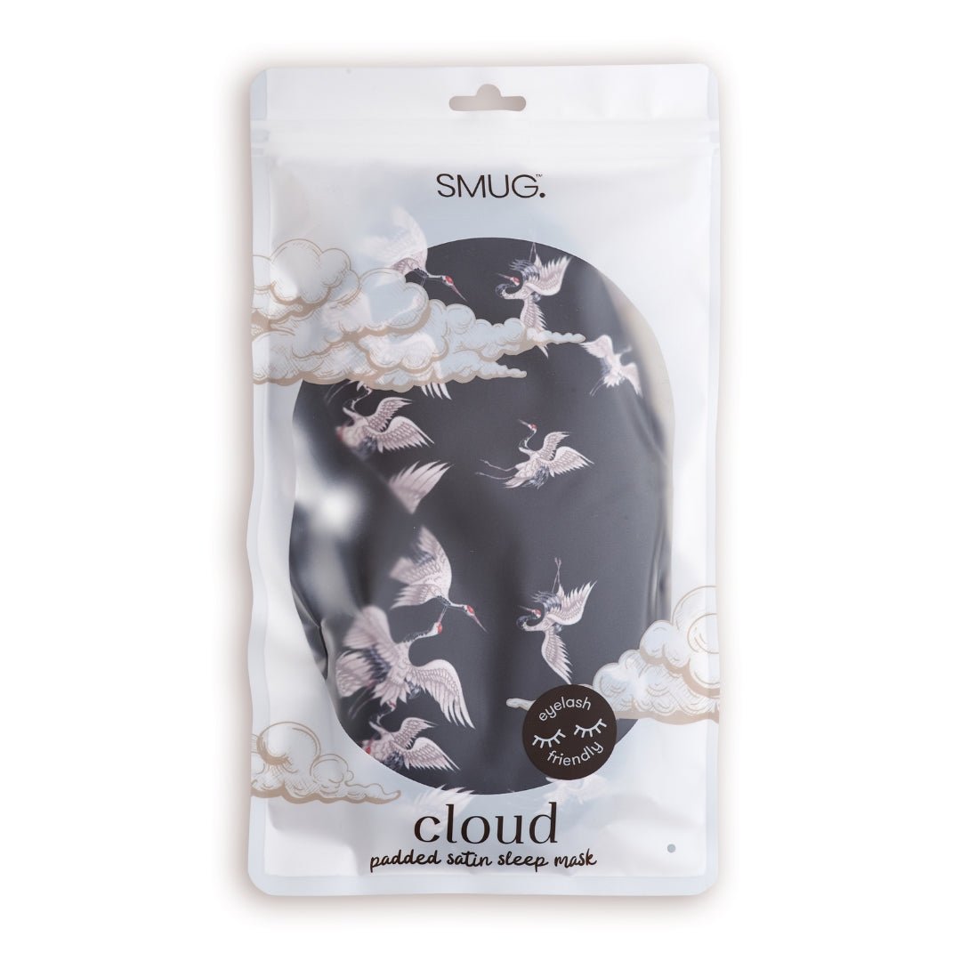 SMUG cloud padded satin sleep mask with moonlit cranes print, designed for comfortable sleep and gentle eye coverage.