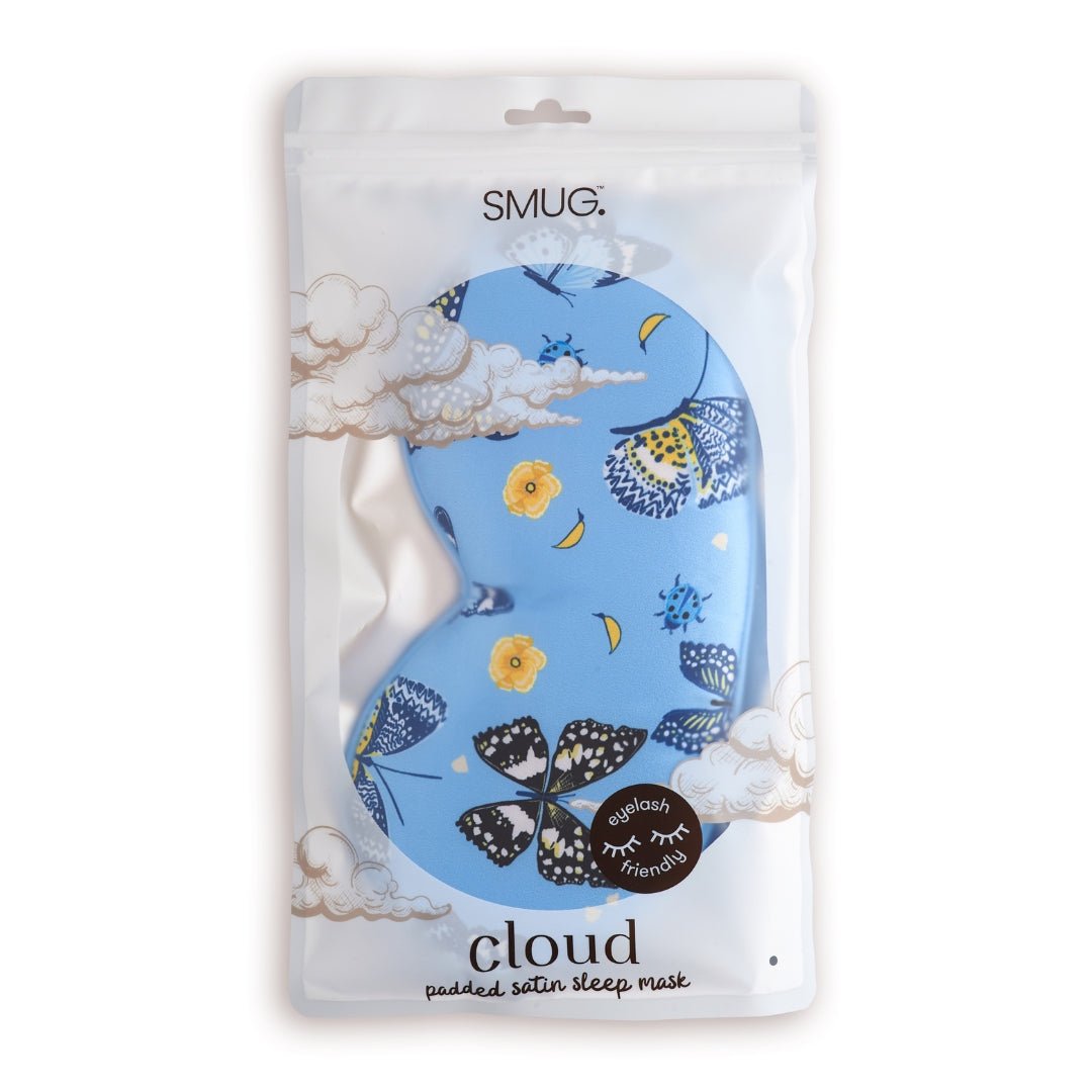 SMUG Cloud Padded Satin Sleep Mask with butterflies print, featuring soft padding and a comfortable fit for restful sleep.