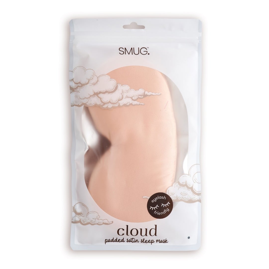 SMUG Cloud Padded Satin Sleep Mask in Caramel color with packaging, designed for comfortable, restful sleep.