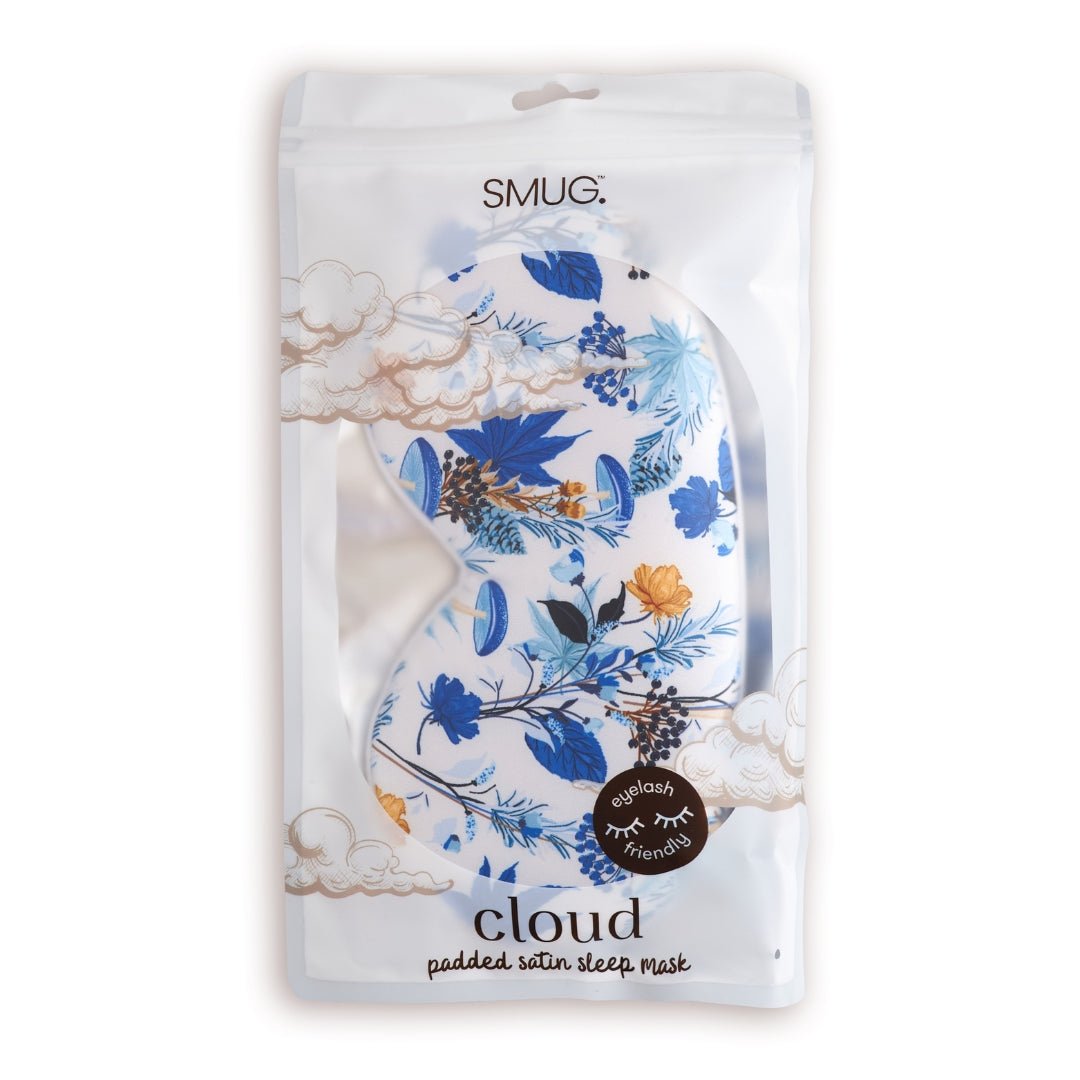 SMUG cloud padded satin sleep mask with cornflower print, designed for comfortable sleep and eye comfort.