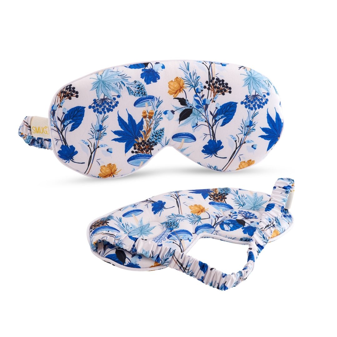SMUG cloud padded satin sleep mask with cornflower print, soft and comfortable for restful sleep.
