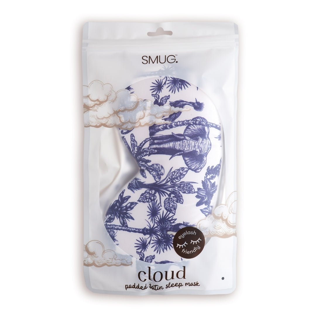 SMUG cloud padded satin sleep mask with elephant print, designed for comfortable, restful sleep and gentle eye coverage.