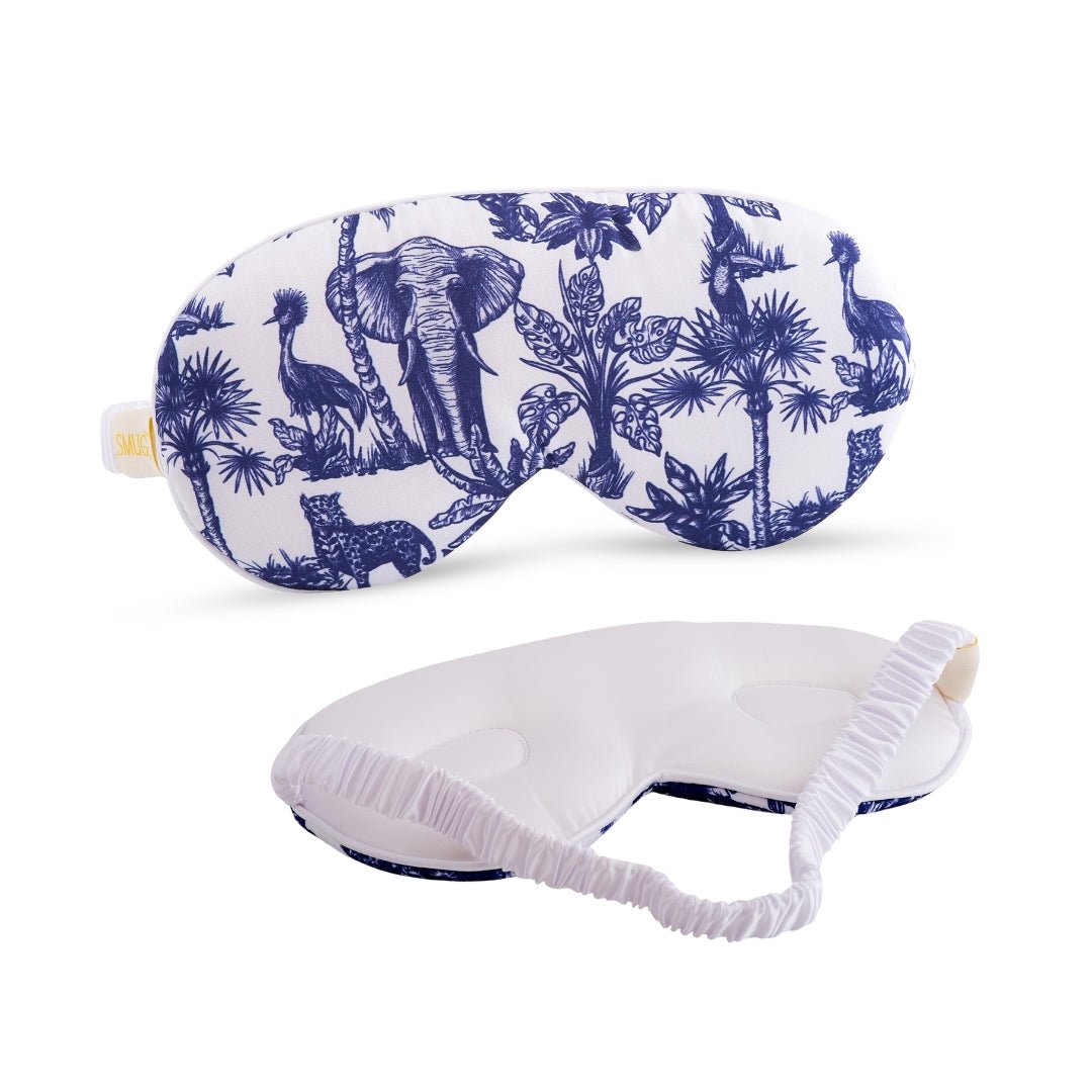 SMUG cloud padded satin sleep mask with elephant print for comfortable, stylish sleep and light blocking.
