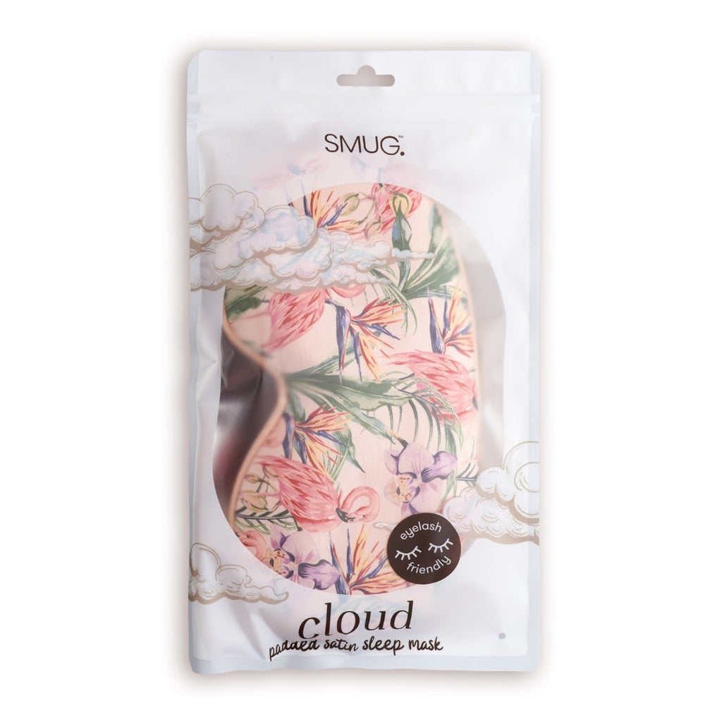 SMUG Cloud Padded Satin Sleep Mask with Flamingo Paradise print, soft and comfortable for restful sleep.