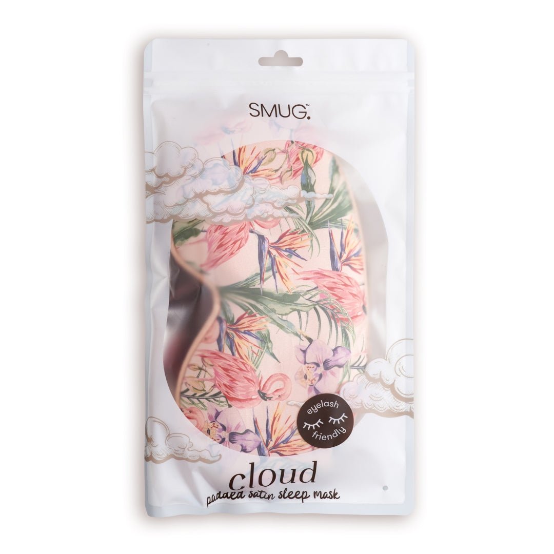 SMUG Cloud Padded Satin Sleep Mask with Flamingo Paradise print, soft and comfortable for restful sleep.