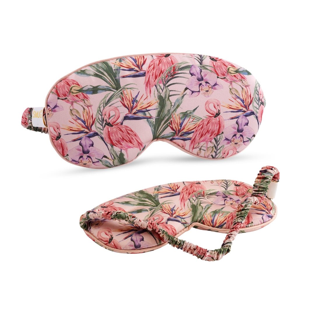 SMUG cloud padded satin sleep mask with flamingo paradise print, featuring soft fabric and adjustable strap for comfortable sleep.
