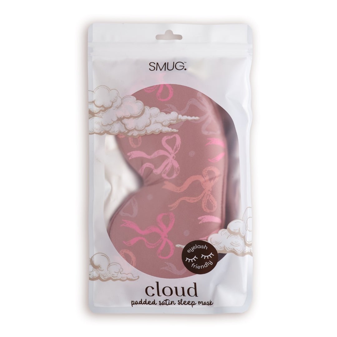 SMUG Cloud Padded Satin Sleep Mask in Mocha Bows print, featuring soft fabric and comfortable design for better sleep.