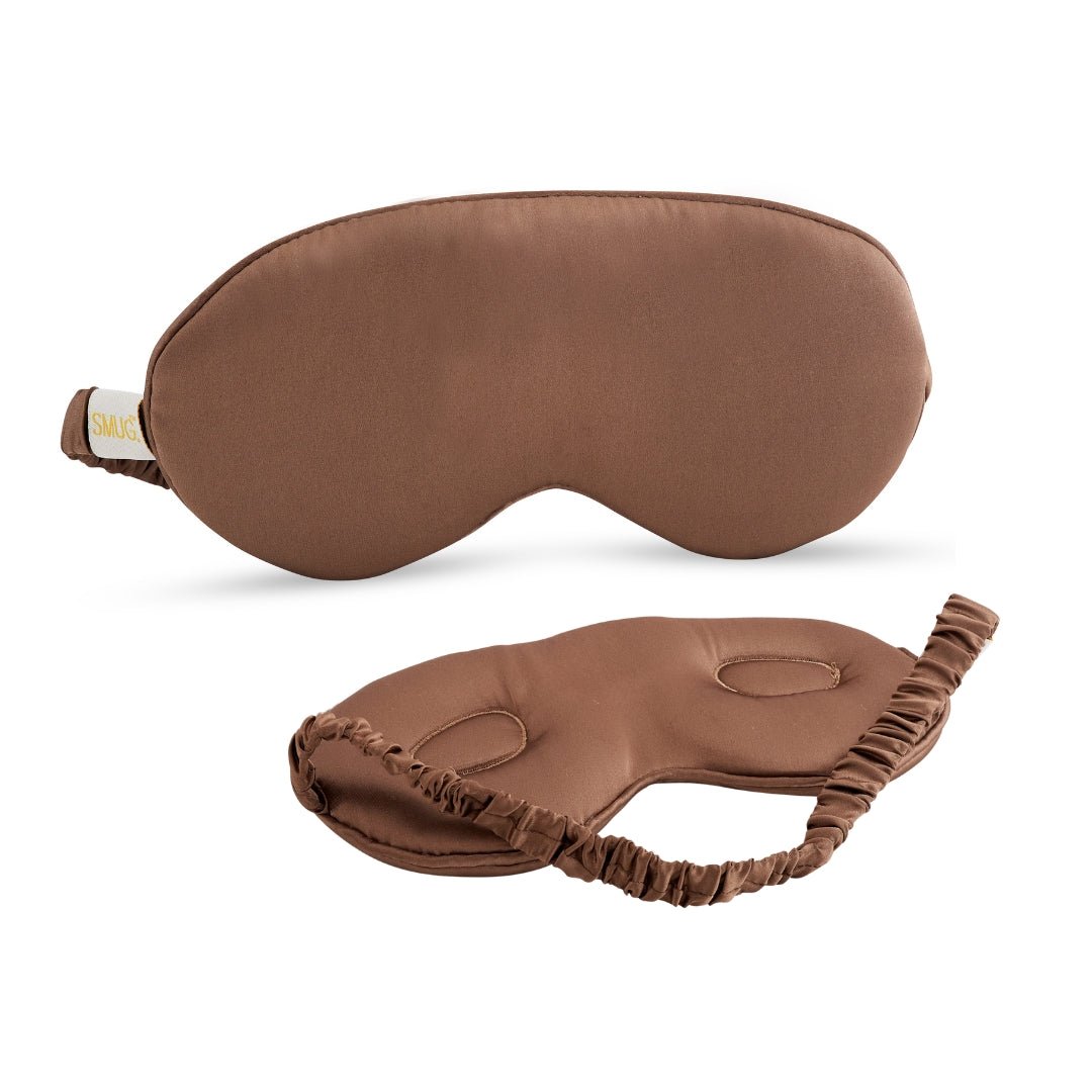 SMUG Cloud Padded Satin Sleep Mask in Mocha, soft and comfortable with plush padding for restful sleep and eye comfort.