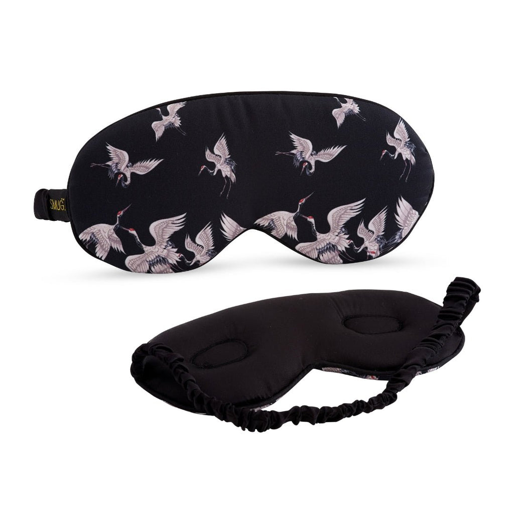SMUG cloud padded satin sleep mask with moonlit cranes print, comfortable and soft for restful sleep.