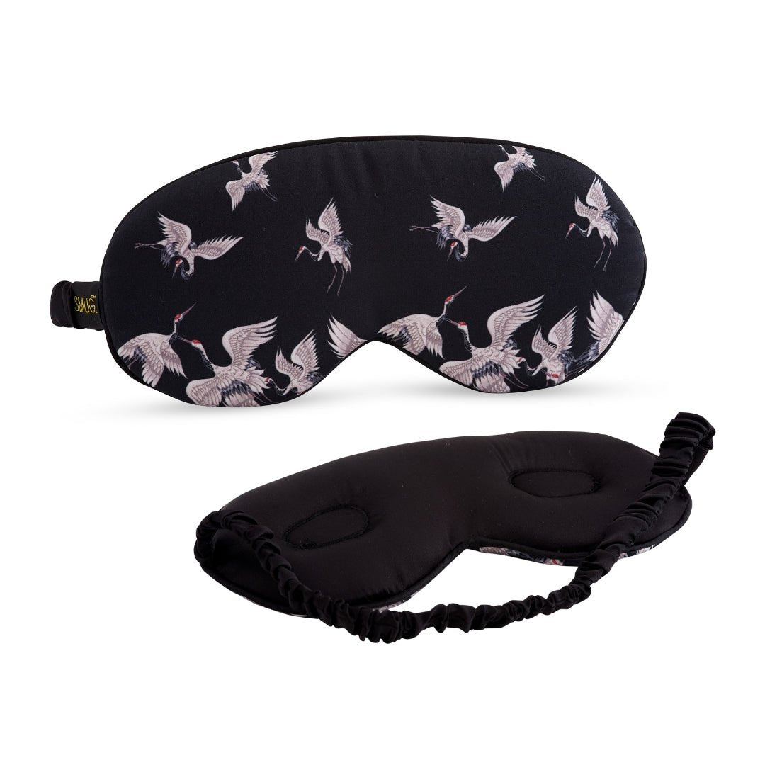 SMUG cloud padded satin sleep mask with moonlit cranes print, comfortable and soft for restful sleep.