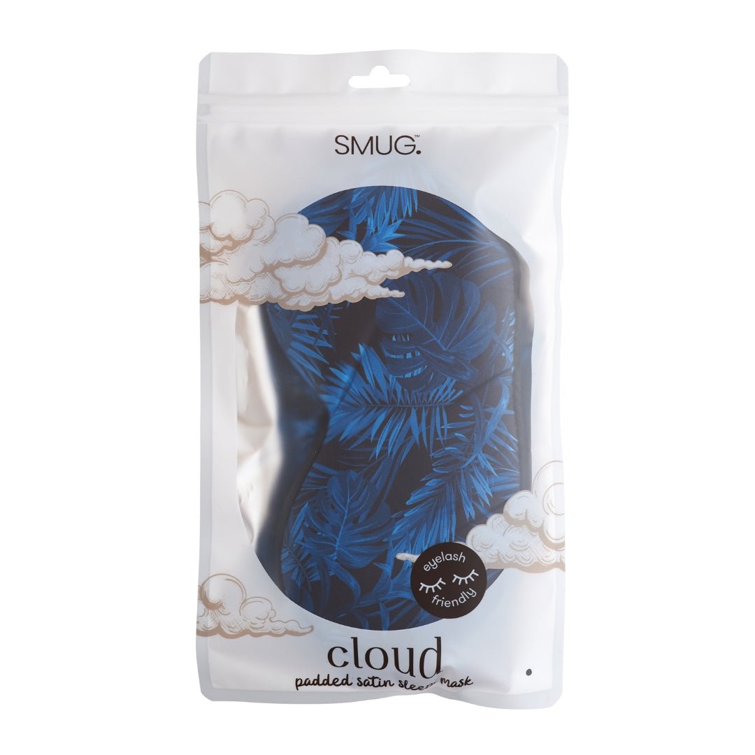 SMUG Cloud Padded Satin Sleep Mask in navy with palm print, designed for comfortable, restful sleep and stylish relaxation.