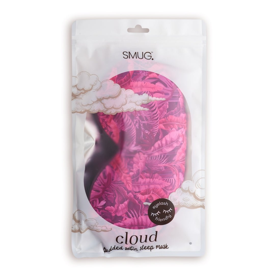 Pink fern print SMUG Cloud Sleep Mask with padded satin material, designed for comfortable sleep and relaxation.