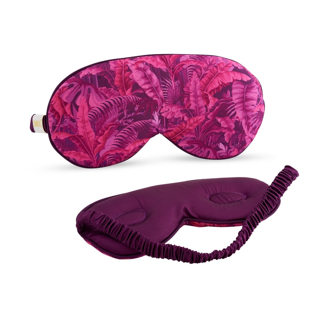 Pink fern print SMUG Cloud Sleep Mask with padded satin fabric, designed for comfortable, restful sleep.