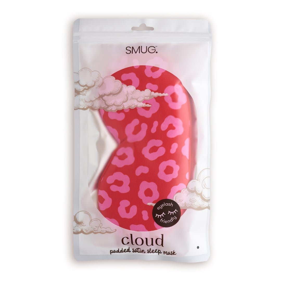 Red leopard print SMUG Cloud Sleep Mask with satin padding, shown with packaging for comfortable, stylish sleep protection.
