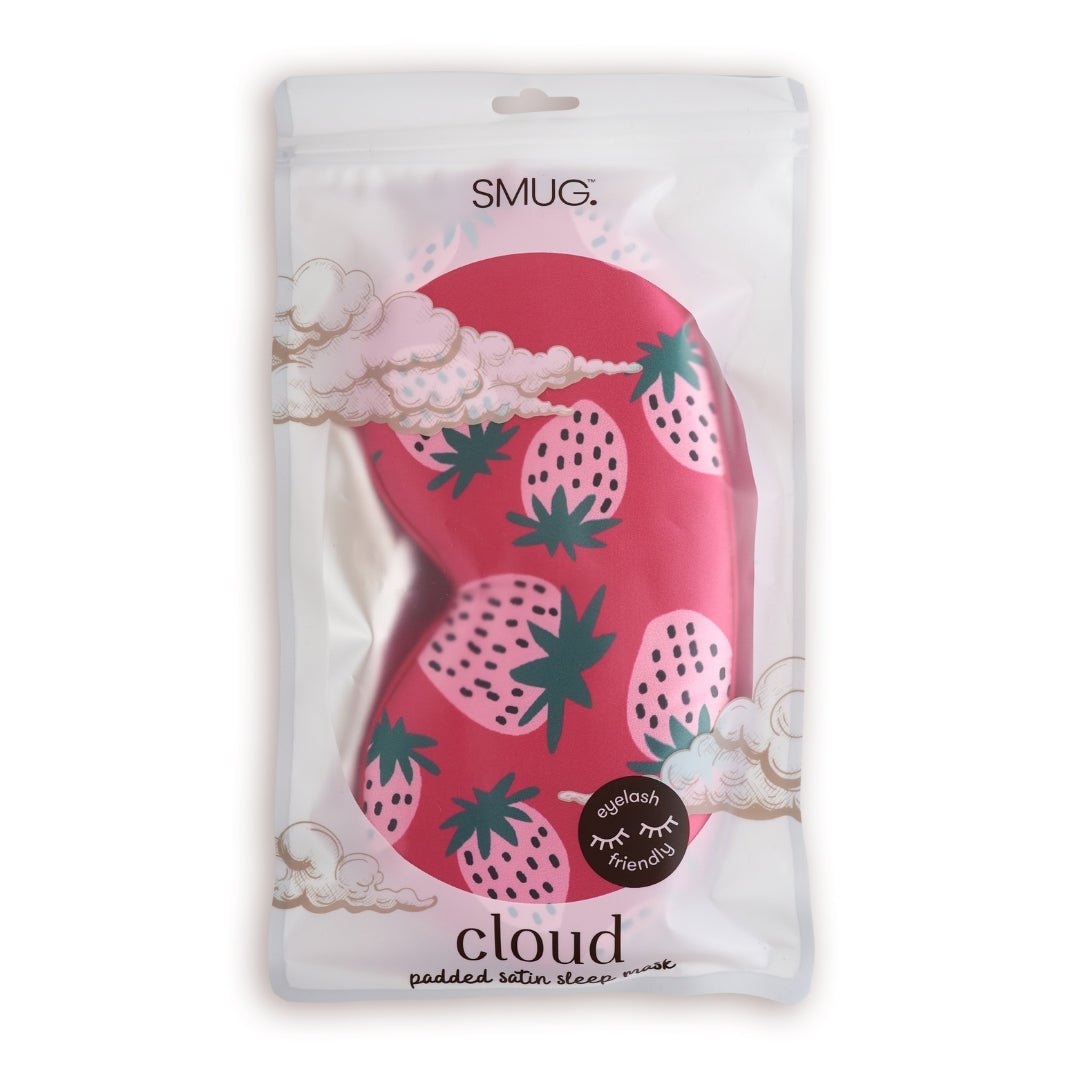 SMUG Cloud Padded Satin Sleep Mask with Strawberry Dreams print, featuring soft fabric and adjustable strap for comfortable sleep.