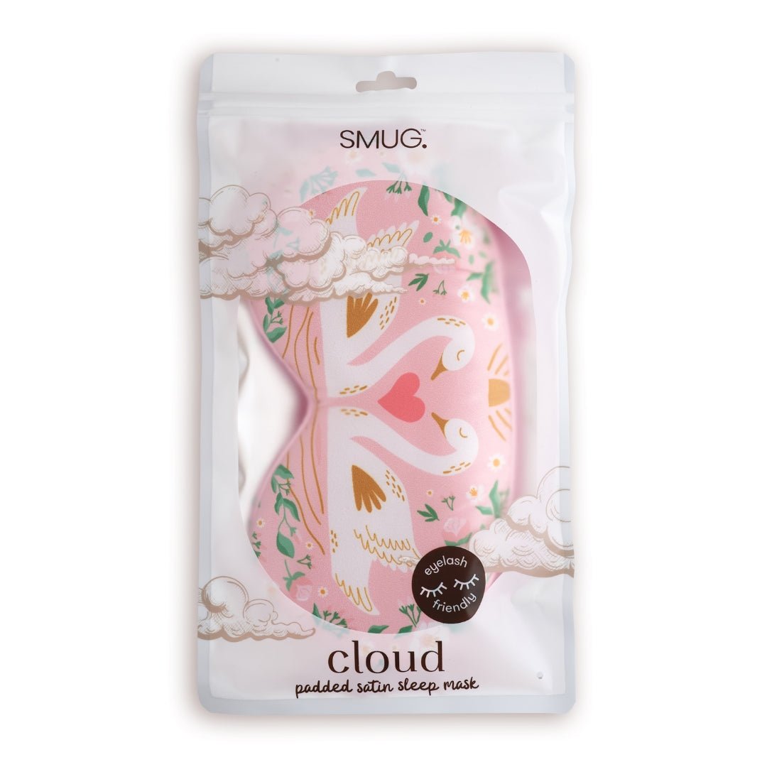 SMUG cloud padded satin sleep mask with a swans print, soft and comfortable for restful sleep, shown in packaging.