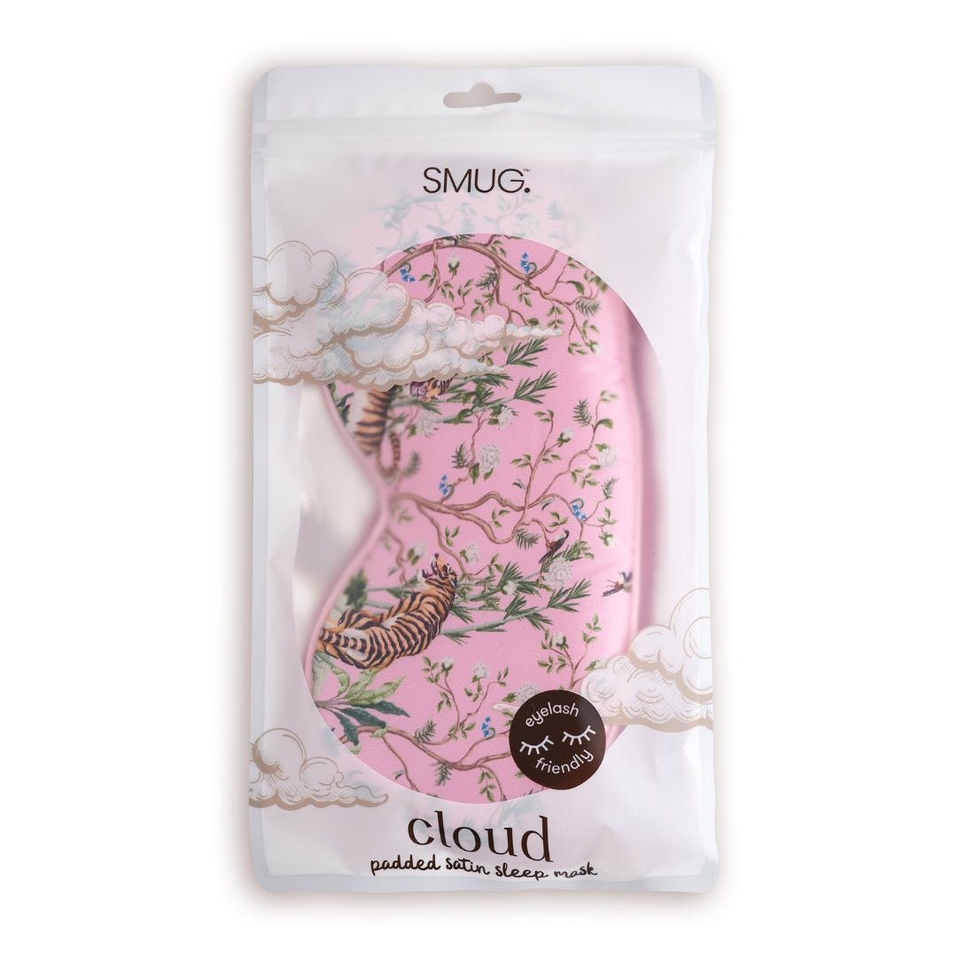 SMUG cloud padded satin sleep mask with tiger print, designed for comfortable sleep and stylish nighttime wear.