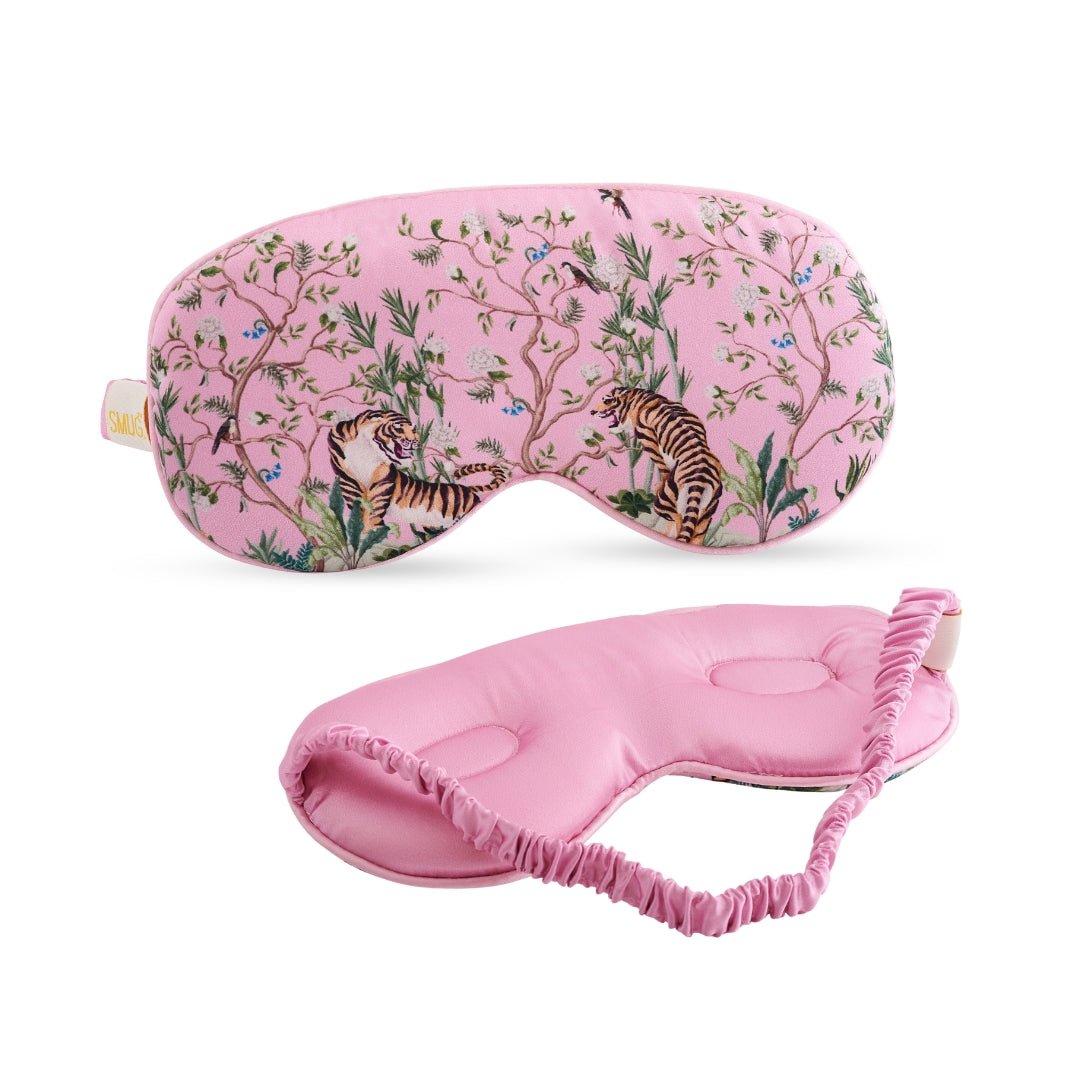 SMUG Cloud Padded Satin Sleep Mask with tiger print, soft and comfortable sleep accessory, featuring a plush cloud design and vibrant tiger pattern.