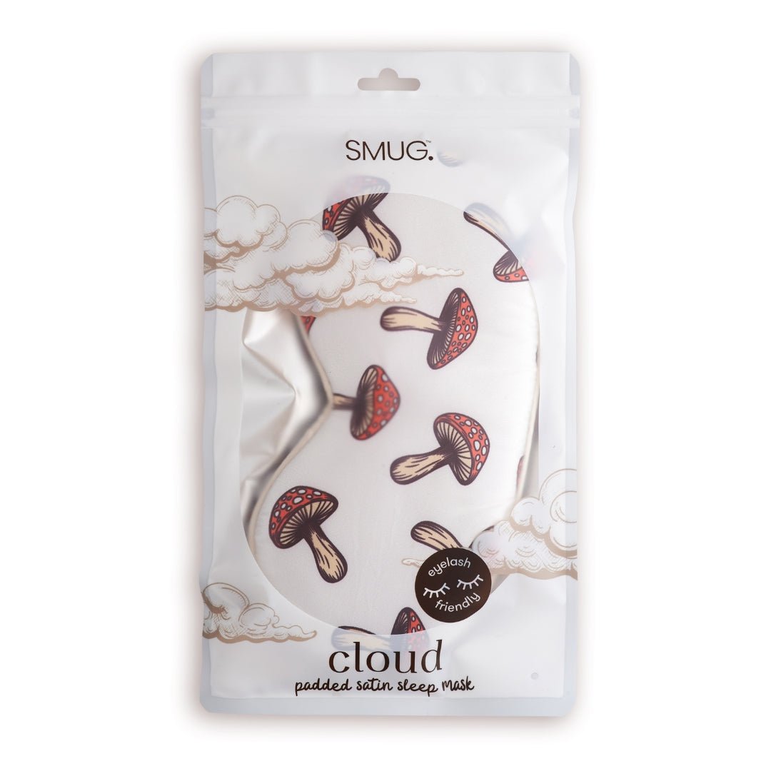 SMUG cloud padded satin sleep mask with a charming toadstool print, designed for comfortable, restful sleep.