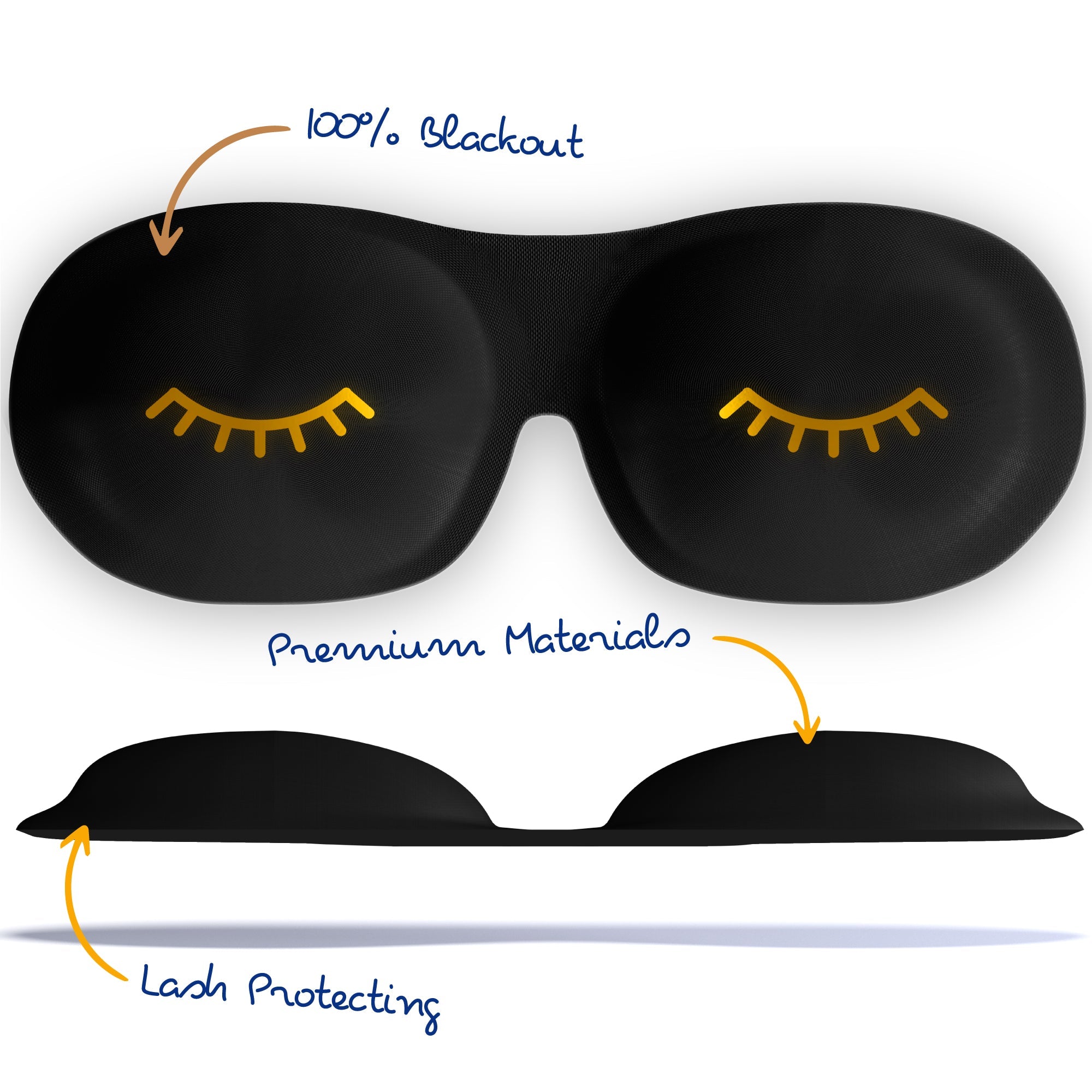Contoured SMUG sleep mask with black blackout fabric and gold black wink print, designed to block light for restful sleep.
