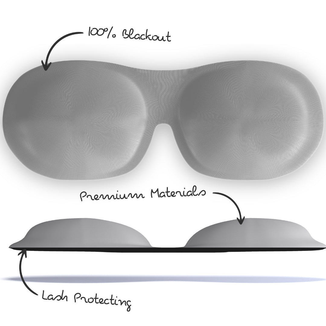 Contoured 3D blackout sleep mask in light grey by SMUG, designed to block light and fit comfortably around the eyes for restful sleep.