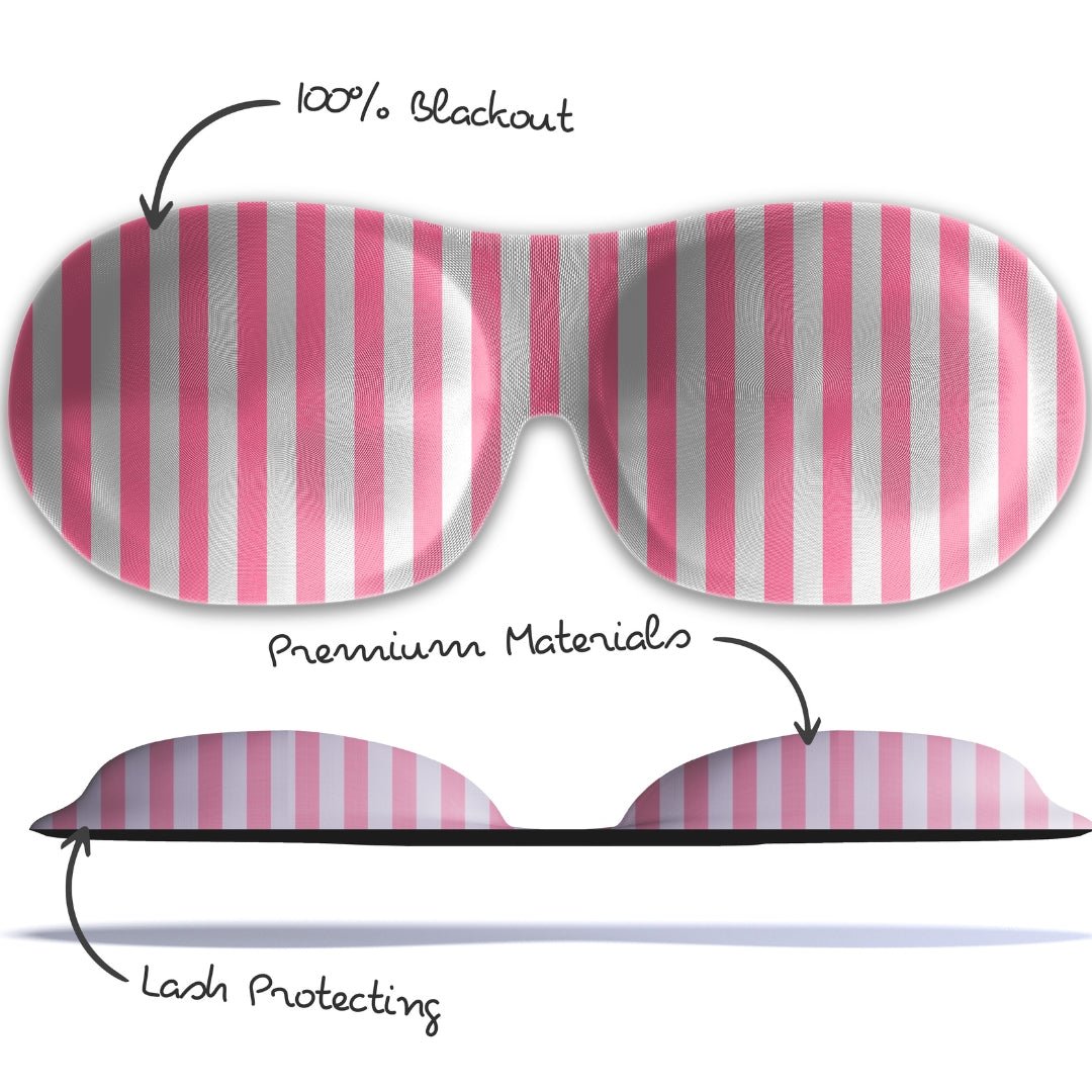 Contoured SMUG 3D blackout sleep mask with pink and white candy shop print, designed for comfortable sleep and eye coverage.