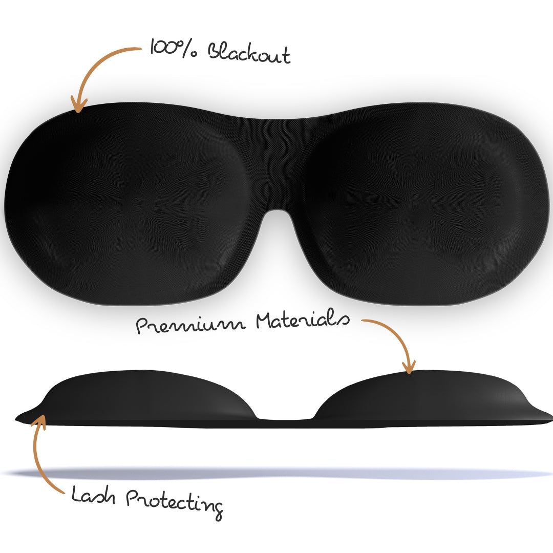 Contoured SMUG 3D blackout sleep mask in black, designed to block out light for restful sleep and comfort.