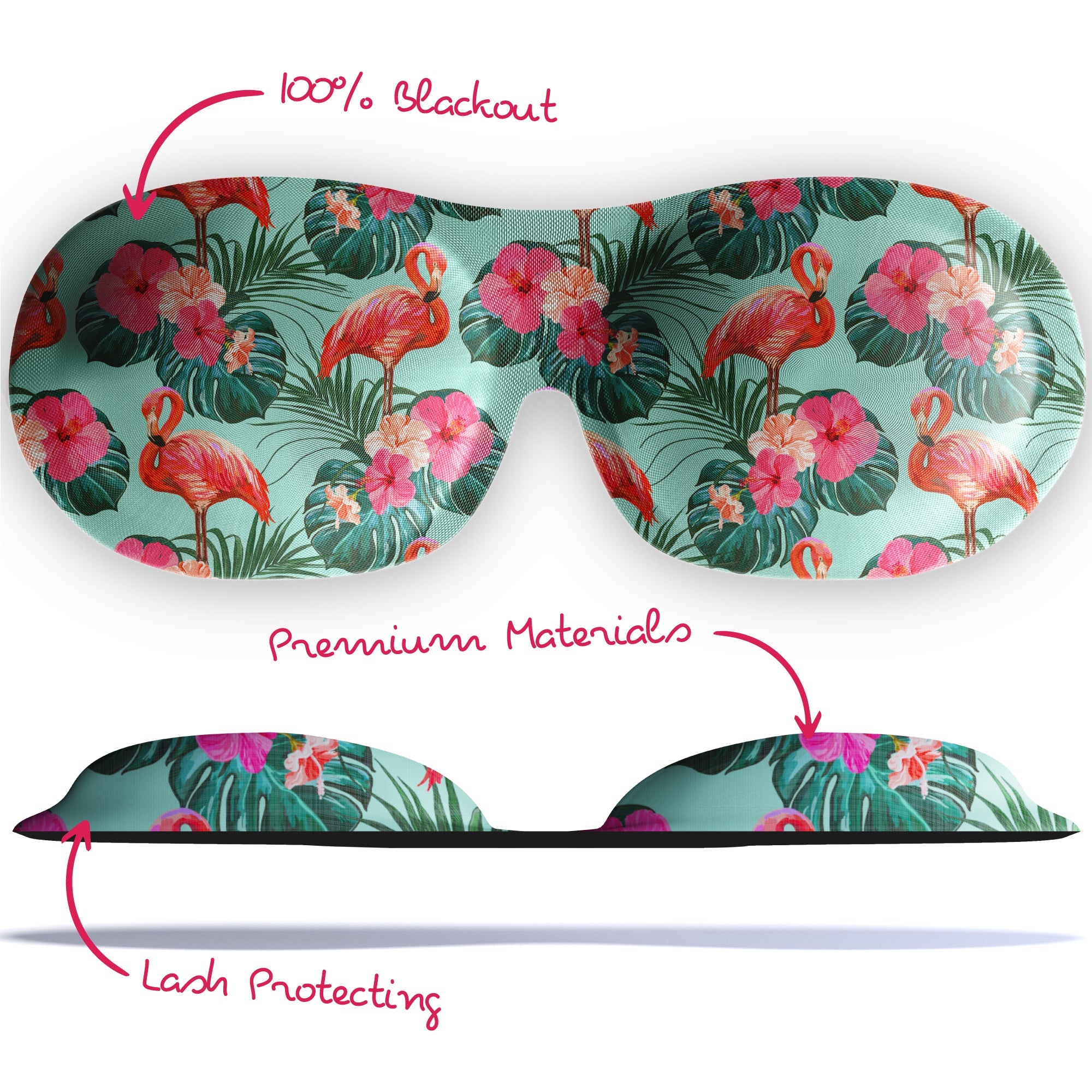 Contoured 3D blackout sleep mask by SMUG with flamingo and floral print, designed to block out light and enhance sleep comfort.