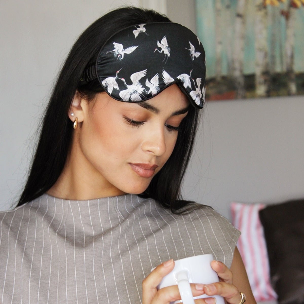 SMUG cloud padded satin sleep mask with moonlit cranes print, designed for comfortable and restful sleep.
