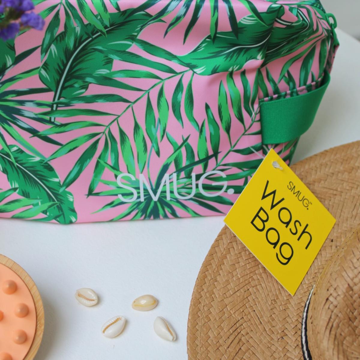 SMUG sleepover set featuring a palm print wash bag, hat, and accessories for a stylish overnight stay.