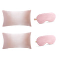 Pink satin pillowcases and sleep mask set by SMUG, featuring luxurious, smooth fabric for comfortable sleep and elegant style.