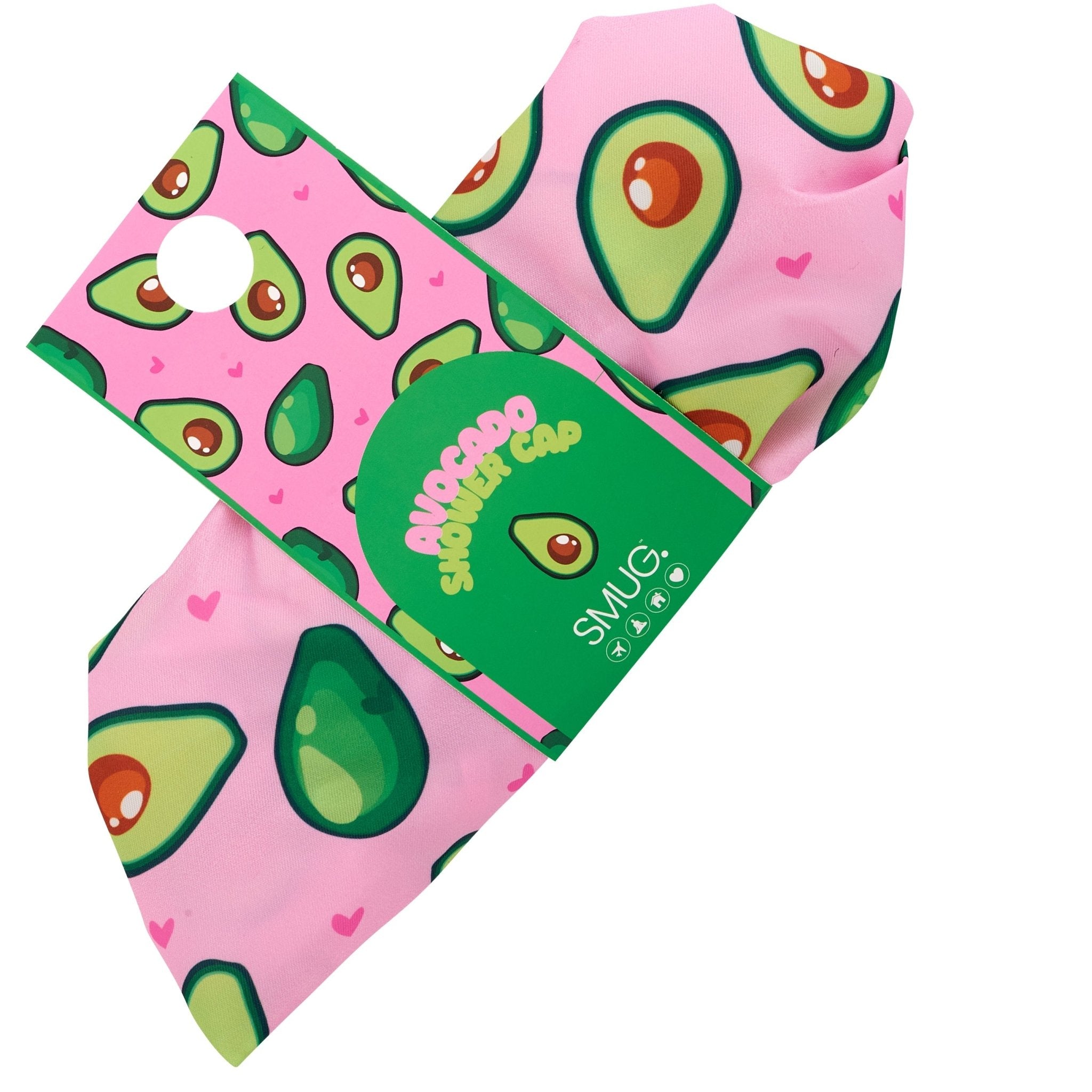 SMUG avocado print shower cap with waterproof material, shown in packaging with vibrant green avocado design.