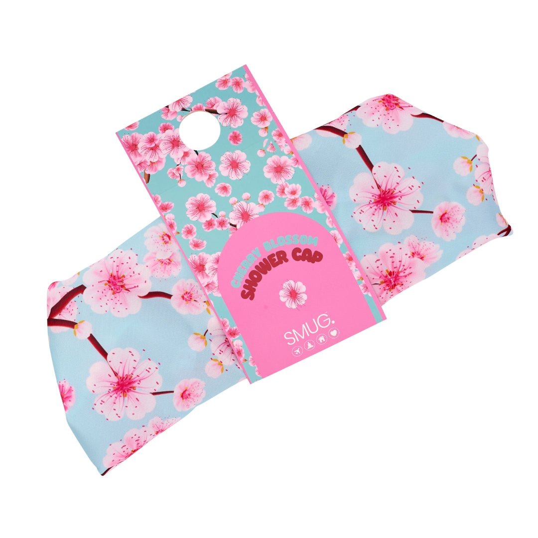 SMUG cherry blossom print shower cap with waterproof material, designed to protect hair during shower or bath.