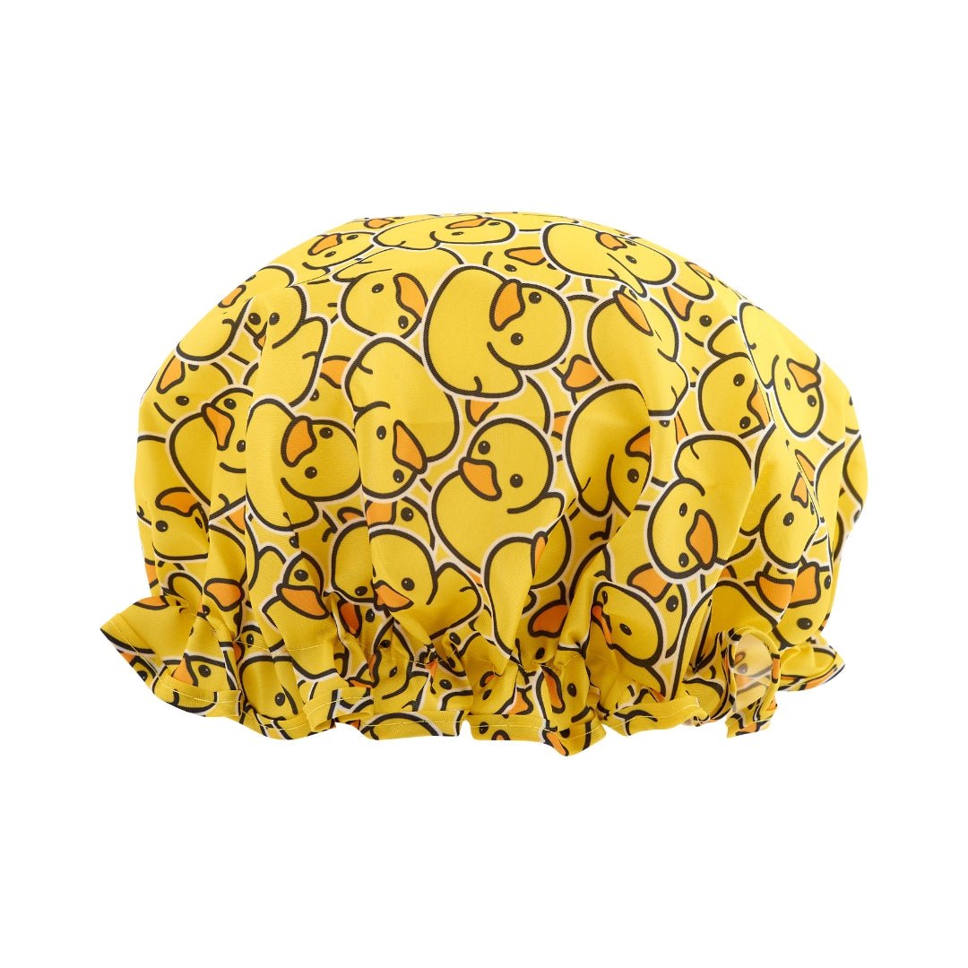 SMUG duck print shower cap with waterproof material, featuring a playful duck design for protecting hair during showers.