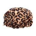 SMUG leopard print shower cap with elastic band, waterproof and reusable for hair protection during showers.