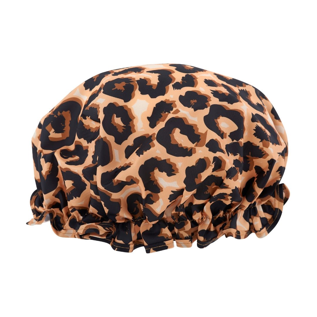 SMUG leopard print shower cap with elastic band, waterproof and reusable for hair protection during showers.